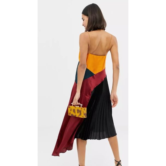 ASOS Color Blocked Pleated Skirt Satin Midi Dress - Picture 8 of 10